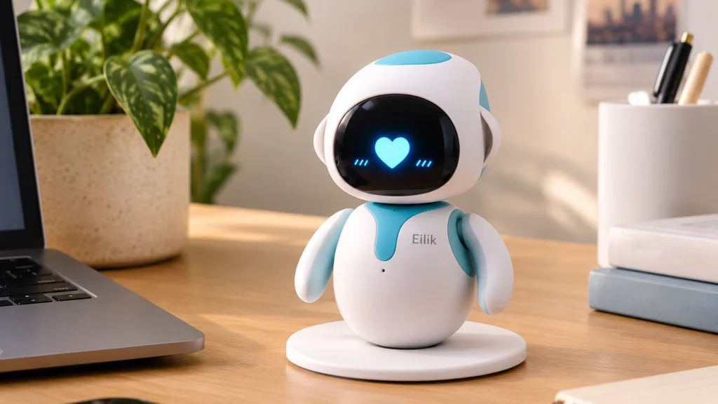 Eilik companion robot with a blue heart on its screen, sitting on a wooden desk beside a laptop.