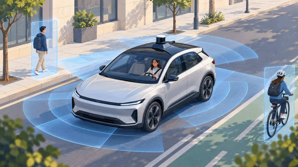 AI-generated illustration of a car with an onboard safety operator and conceptual sensing zones around a pedestrian and cyclist.