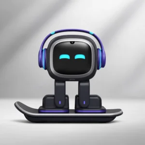EMO AI desktop companion robot with purple headphones, glowing blue eyes and a skateboard-style base against a grey background.