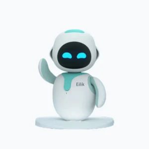 Eilik interactive companion robot with white body and blue digital eyes