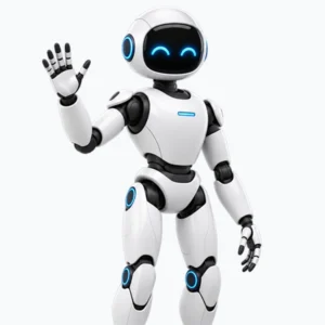 White humanoid robot with blue LED eyes waving its hand