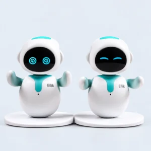Two Eilik companion robots with playful blue facial expressions against a soft pearl-grey background.