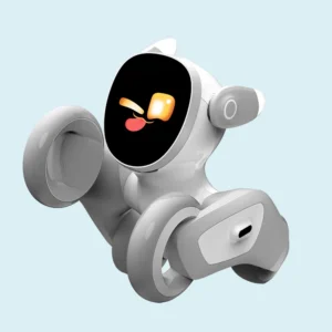 Loona AI-powered robotic pet with expressive digital eyes and a playful design, against a soft pastel blue background.